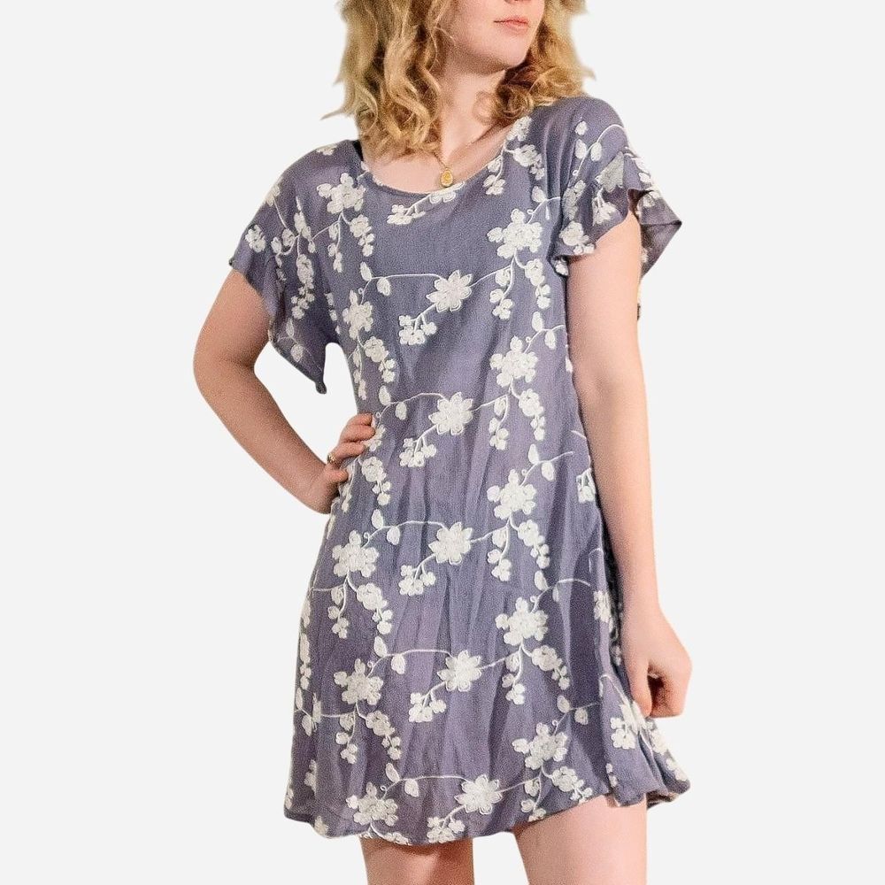 Altar'd State Embroidered Summer Flowy Cottage Mini Dress Light Purple White